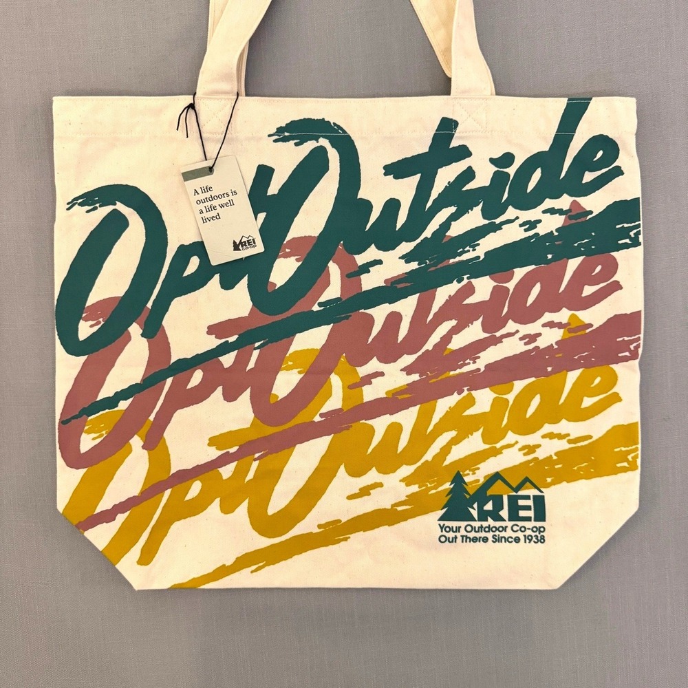 NWT REI Tote Bag OS Beige Opt Outside Graphic Canvas
